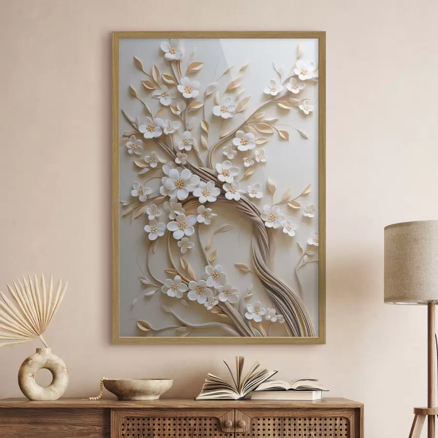 Papier peint Arbre aux fleurs blanches et aux tiges brunes, sur fond beige clair orné de volutes texturées f50972