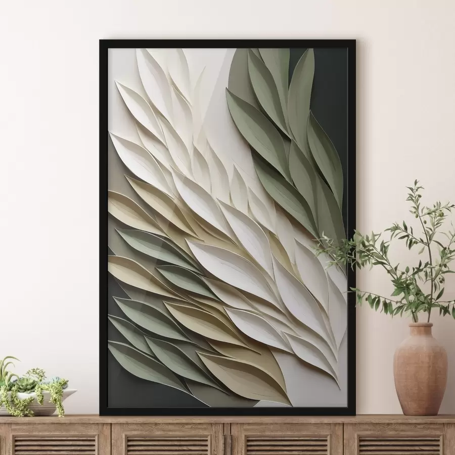 Papier peint Feuilles abstraites sur fond vert, avec des textures superposées et des ombres f50976