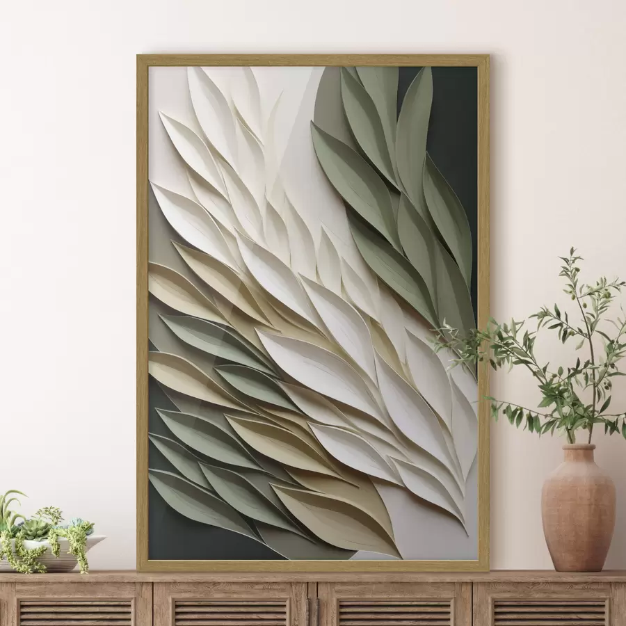 Papier peint Feuilles abstraites sur fond vert, avec des textures superposées et des ombres f50976