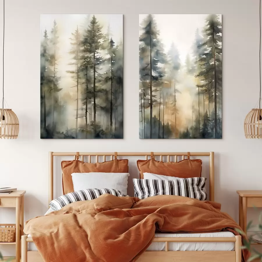 Tableau De grands pins dans une forêt brumeuse baignée de lumière ensoleillée m31040