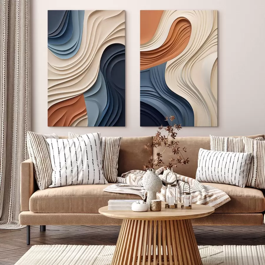 Tableau Couches abstraites et ondulées dans des tons crème, bleu et orange, œuvre d'art moderne texturée m31041