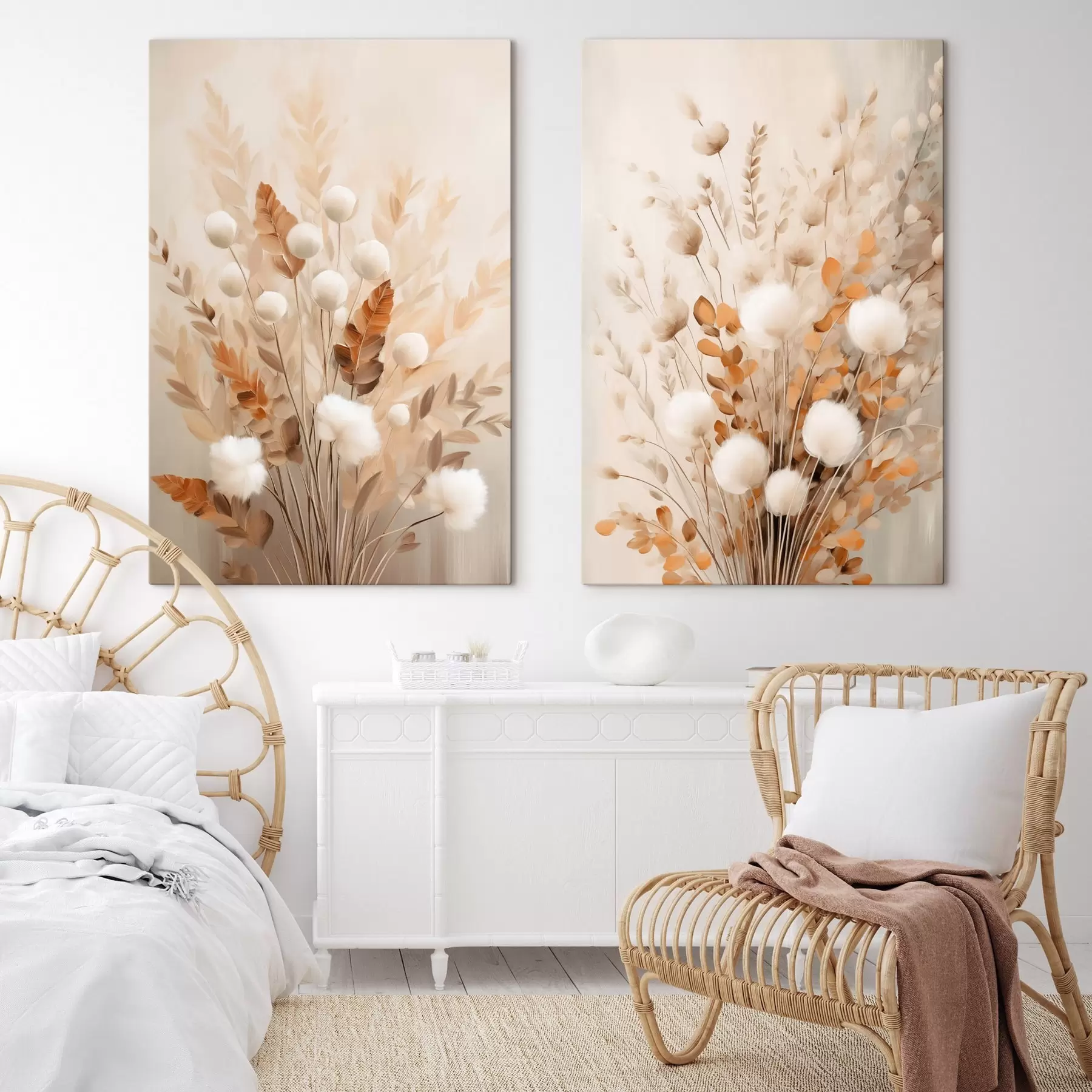 Tableau Duo ocre de fleurs duveteuses m31042