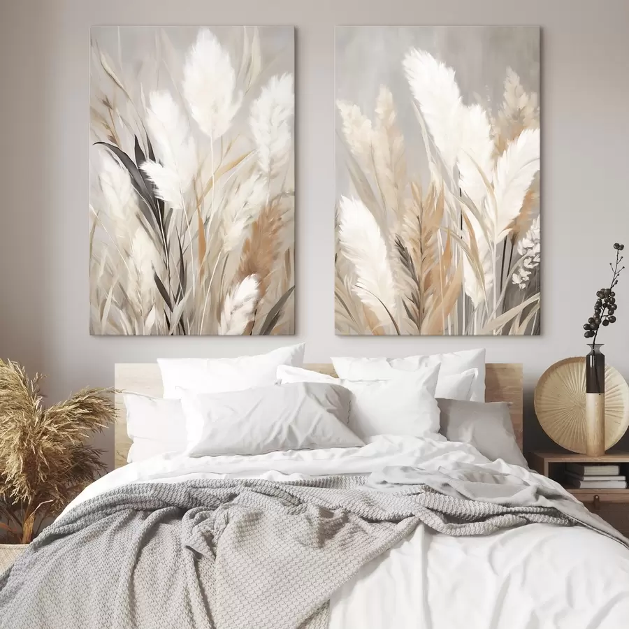 Tableau Herbe de la pampa aux feuilles blanches et noires sur un fond neutre m31044