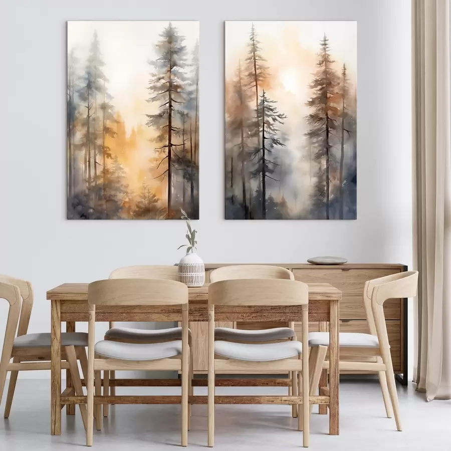Tableau De grands pins, un paysage forestier baigné d'une lumière orange chaleureuse m31046