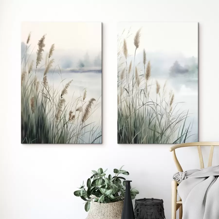 Tableau De hautes herbes de la pampa aux feuilles plumeuses, un paysage aux textures brumeuses m31048