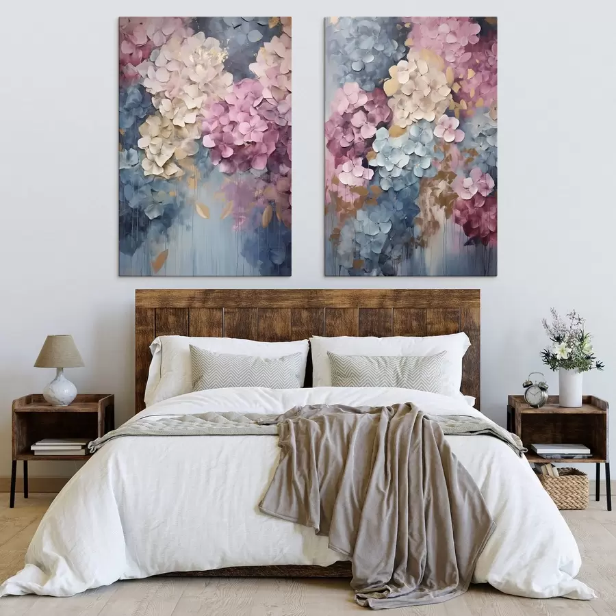 Tableau Hortensias dans des tons de rose, crème et bleu, aux pétales texturés, art abstrait m31050