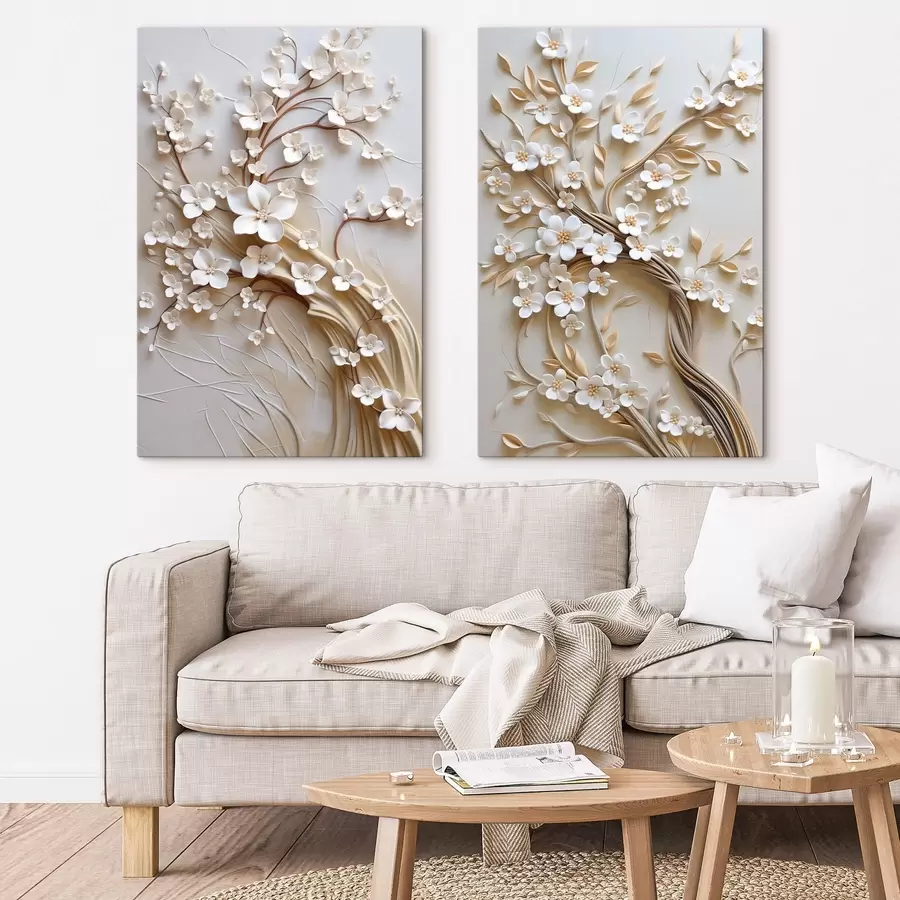 Tableau Arbre aux fleurs blanches et aux tiges brunes, sur fond beige clair orné de volutes texturées m31052