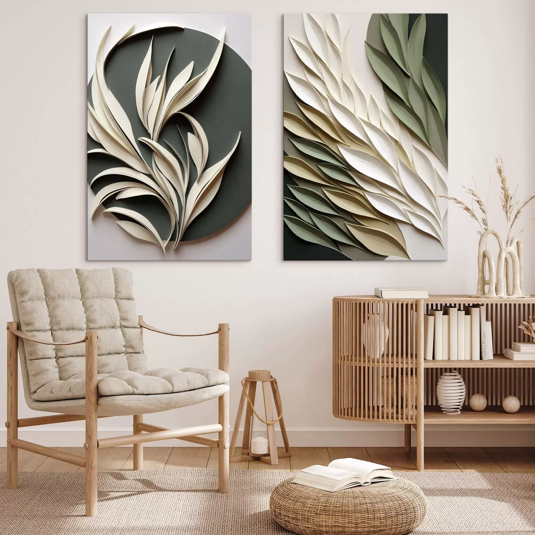 Tableau Feuilles abstraites sur fond vert, avec des textures superposées et des ombres m31054