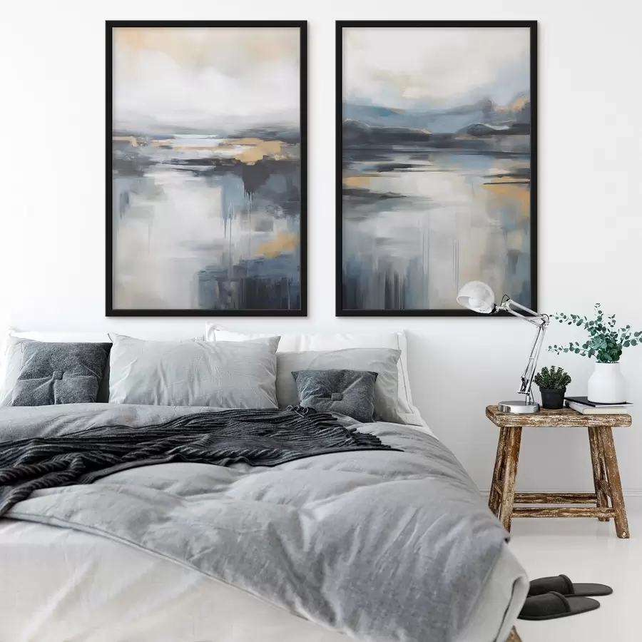 Papier peint Paysage abstrait aux tons bleus, gris et jaunes, imitant une peinture texturée d31039