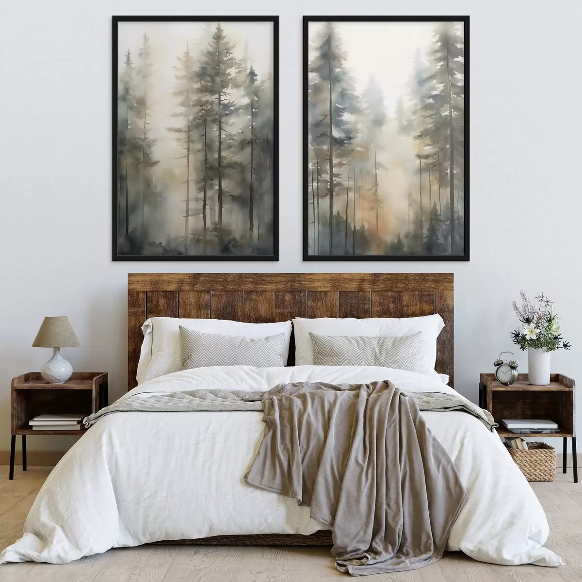 Poster De grands pins dans une forêt brumeuse baignée de lumière ensoleillée d31040