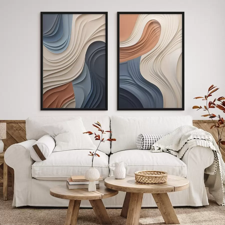 Papier peint Couches abstraites et ondulées dans des tons crème, bleu et orange, œuvre d'art moderne texturée d31041