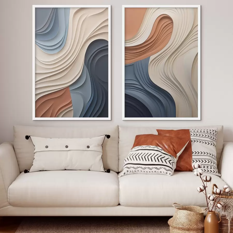 Papier peint Couches abstraites et ondulées dans des tons crème, bleu et orange, œuvre d'art moderne texturée d31041