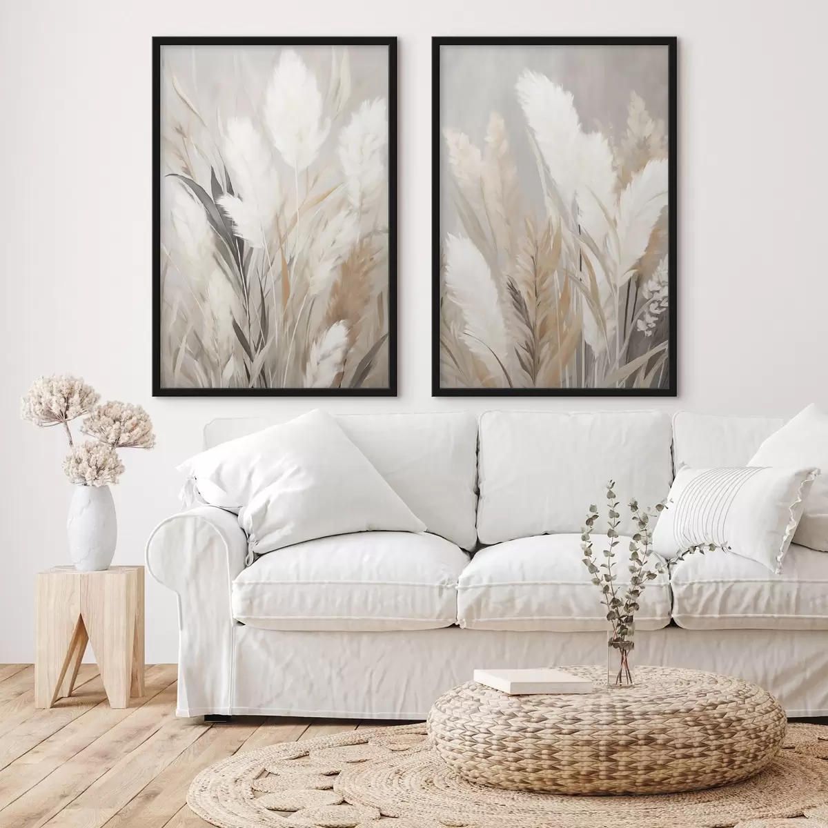 Poster Herbe de la pampa aux feuilles blanches et noires sur un fond neutre d31044
