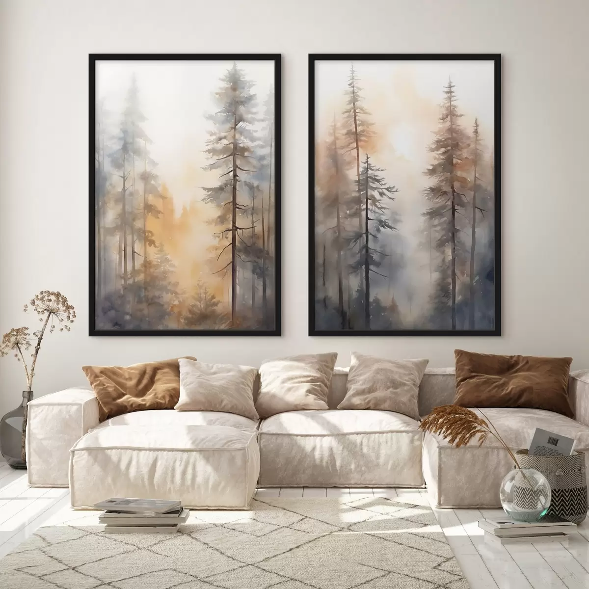 Poster De grands pins, un paysage forestier baigné d'une lumière orange chaleureuse d31046