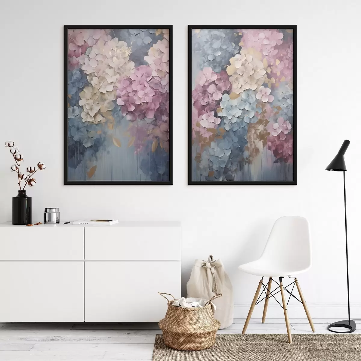 Poster Hortensias dans des tons de rose, crème et bleu, aux pétales texturés, art abstrait d31050