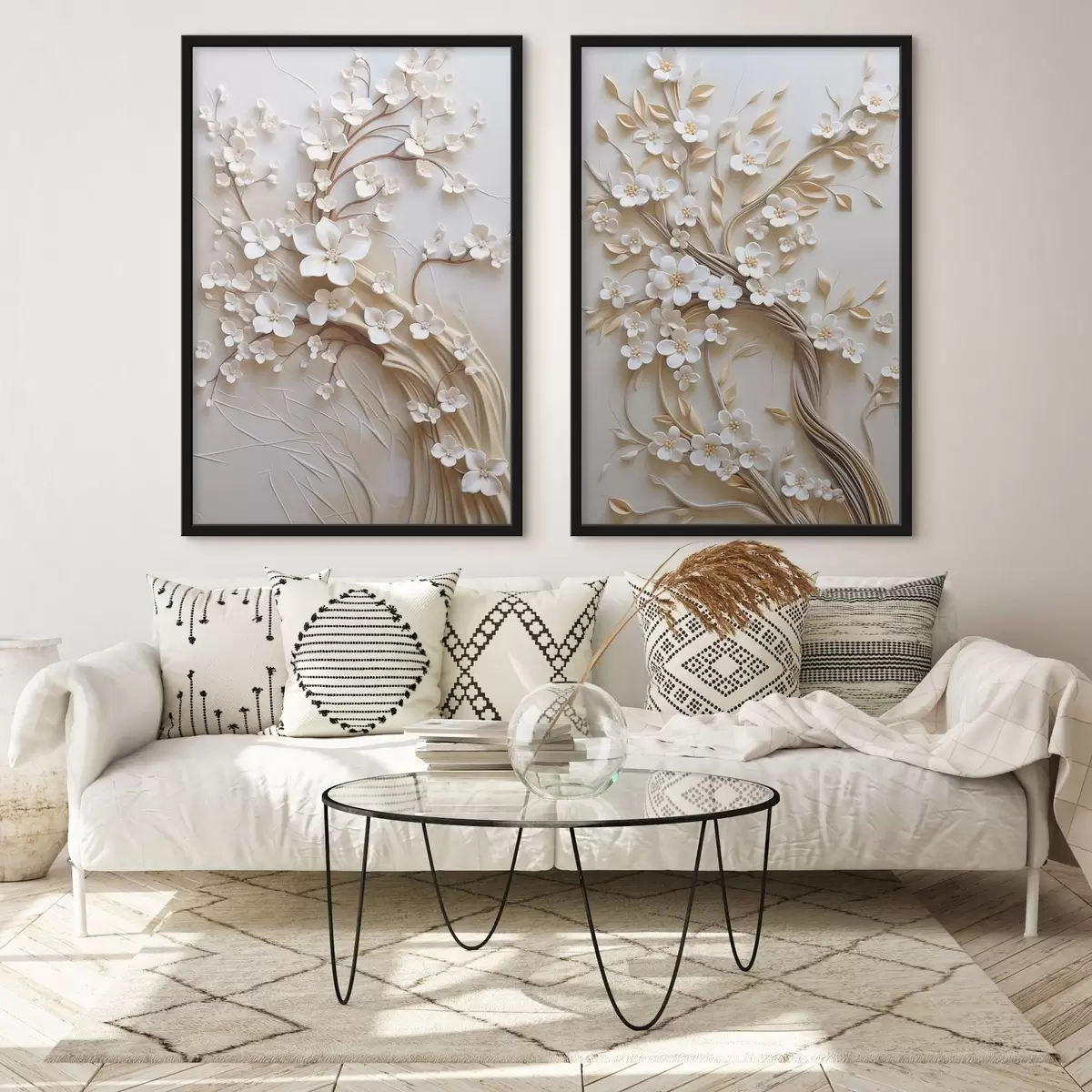 Poster Arbre aux fleurs blanches et aux tiges brunes, sur fond beige clair orné de volutes texturées d31052
