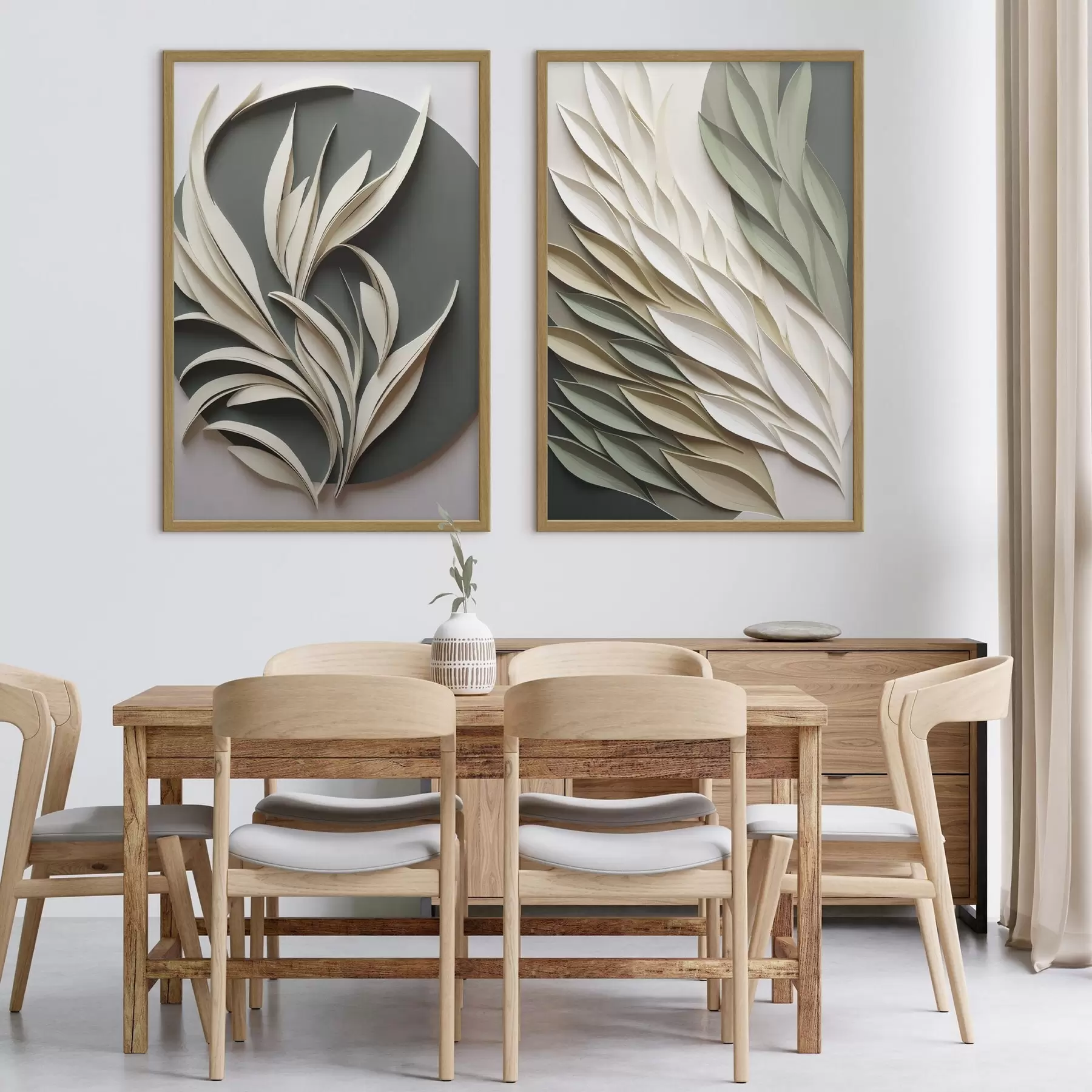 Papier peint Feuilles abstraites sur fond vert, avec des textures superposées et des ombres d31054
