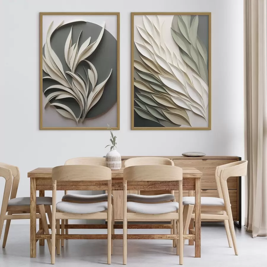 Papier peint Feuilles abstraites sur fond vert, avec des textures superposées et des ombres d31054