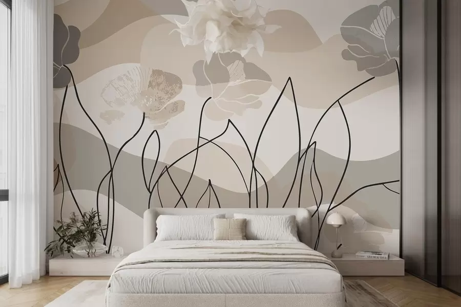 Papier peint Abstraction beige avec des fleurs en relief w09989