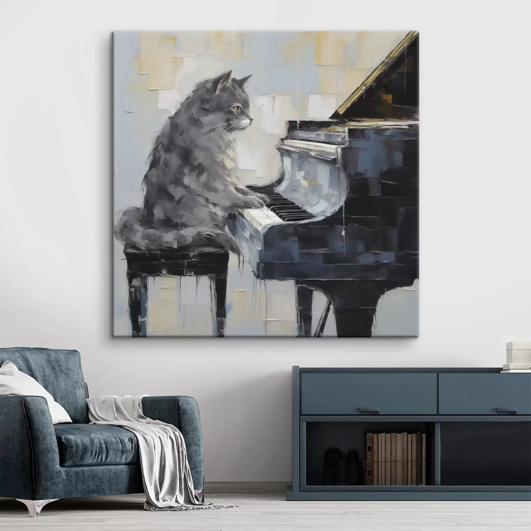Tableau Chat jouant du piano à queue, style « imitation peinture » s50989