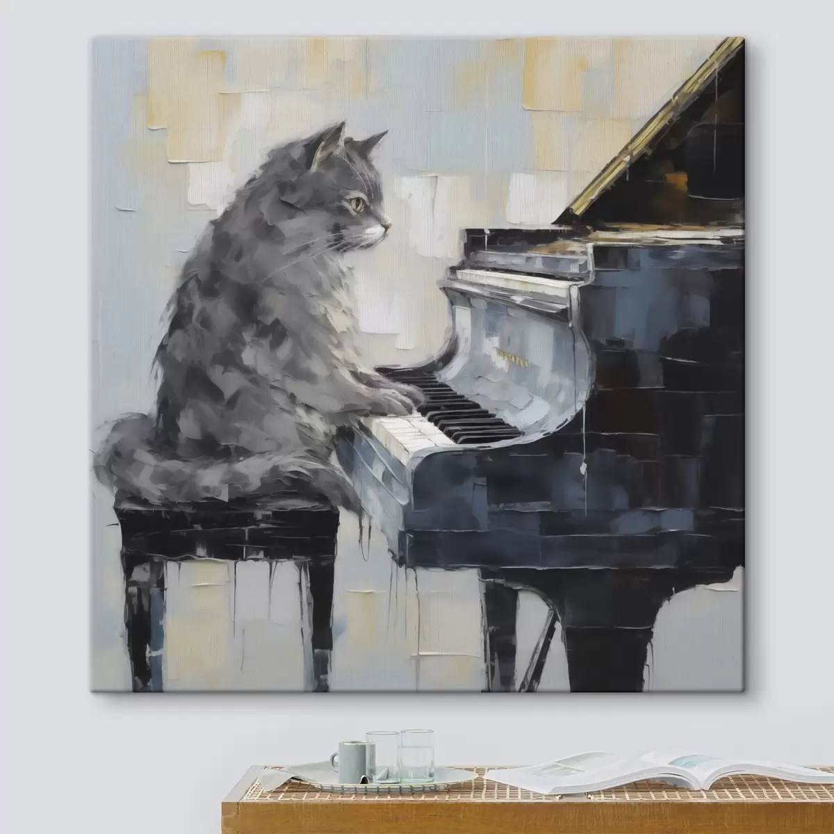 Tableau Chat jouant du piano à queue, style « imitation peinture » s50989
