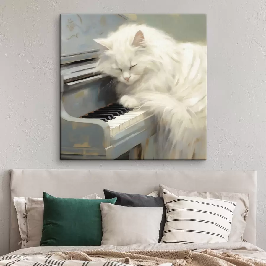 Tableau Chat dormant sur les touches d'un piano, reproduction d'un tableau s50990