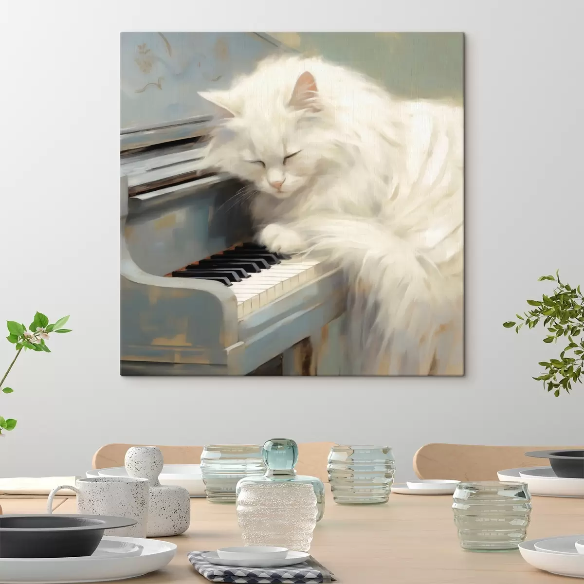 Tableau Chat dormant sur les touches d'un piano, reproduction d'un tableau s50990