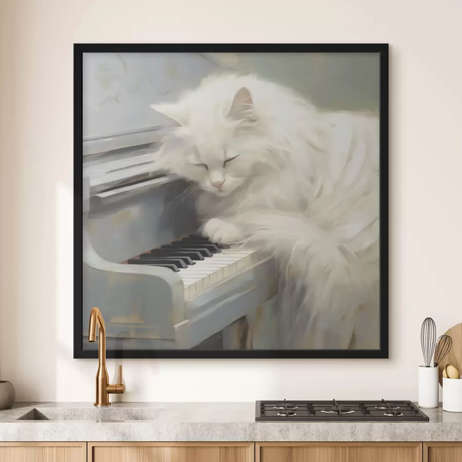 Papier peint Chat dormant sur les touches d'un piano, reproduction d'un tableau f50990