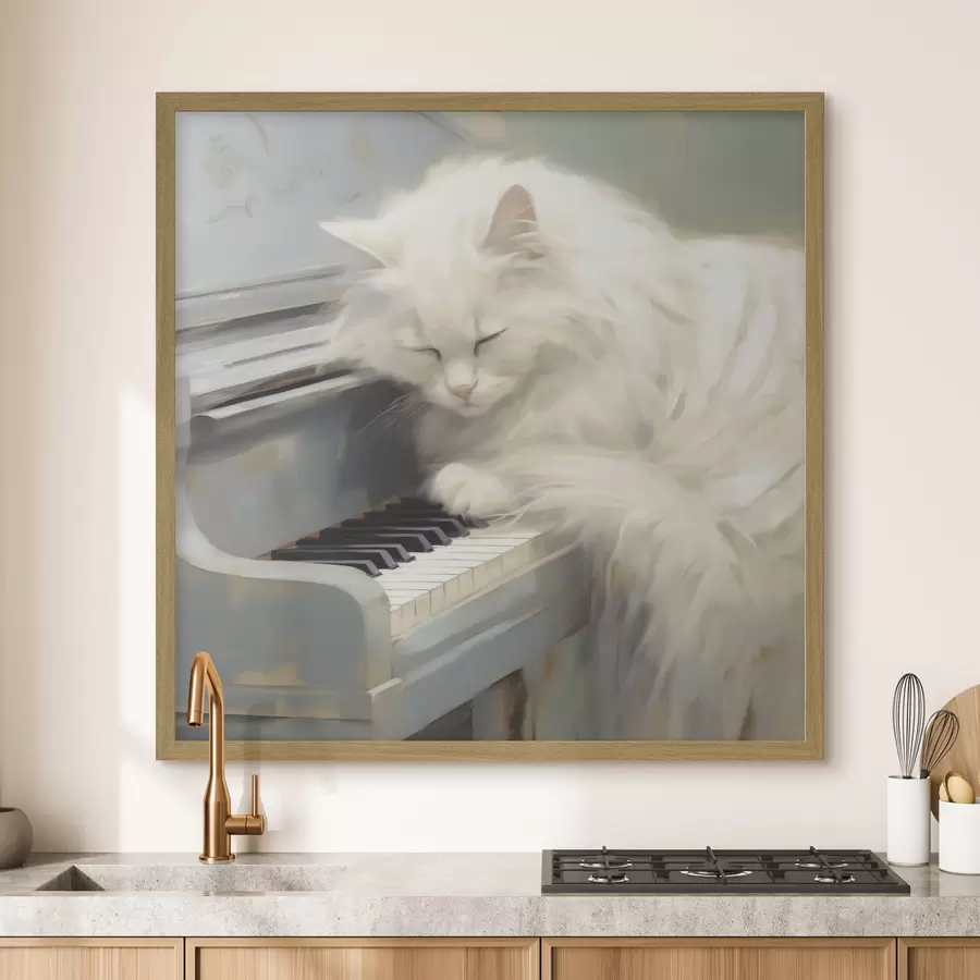 Papier peint Chat dormant sur les touches d'un piano, reproduction d'un tableau f50990