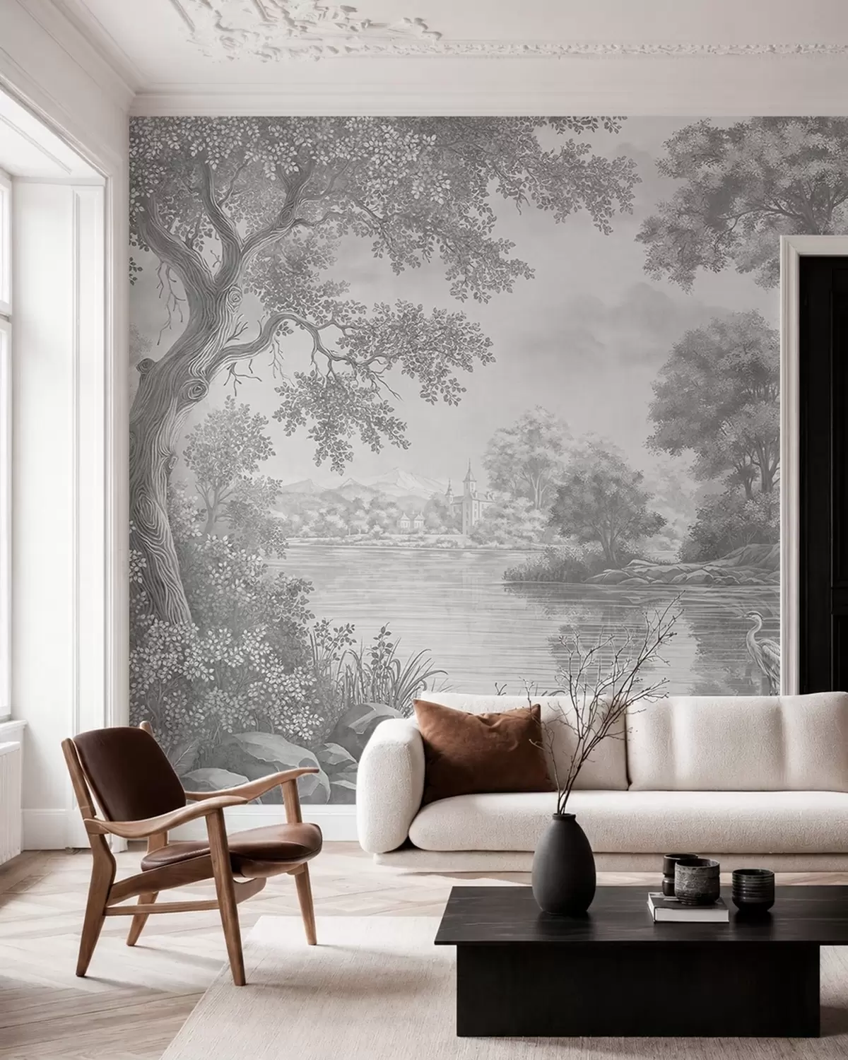 Papier peint Paysage forestier gris avec un héron au bord du lac w05805v1