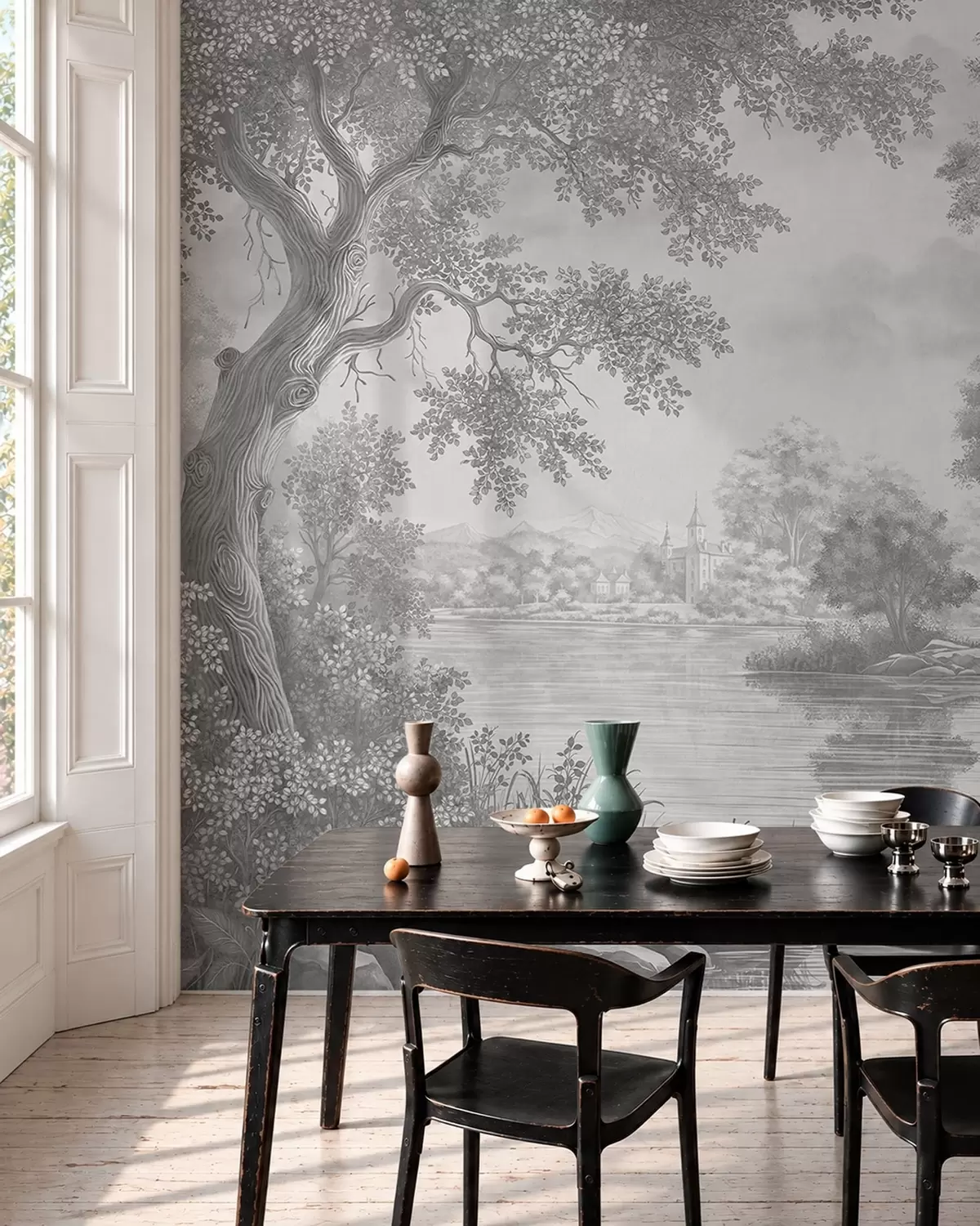Papier peint Paysage forestier gris avec un héron au bord du lac w05805v1