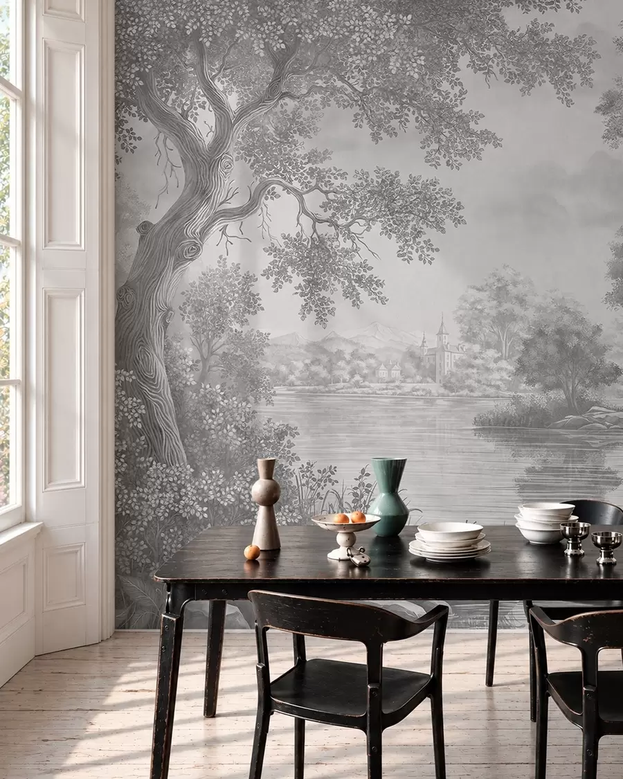 Papier peint Paysage forestier gris avec un héron au bord du lac w05805v1