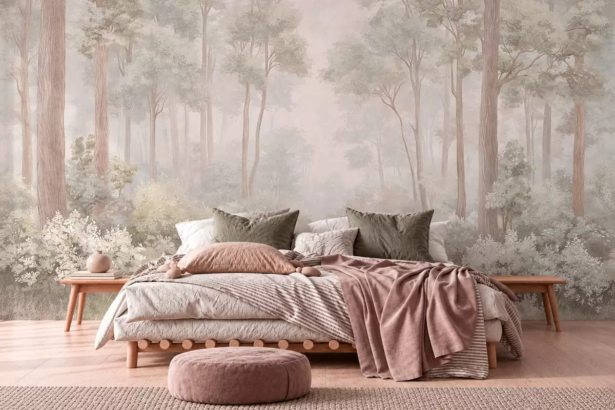 Papier peint Une forêt aux tons pastel, traversée par un sentier sinueux w05889