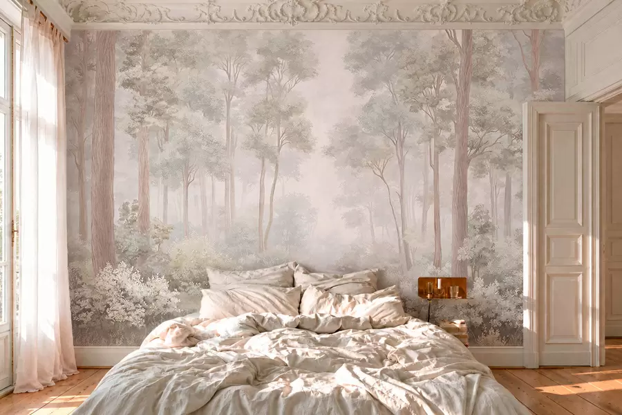 Papier peint Une forêt aux tons pastel, traversée par un sentier sinueux w05889