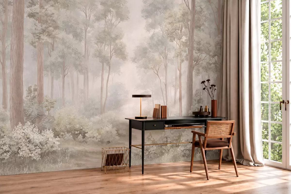 Papier peint Une forêt aux tons pastel, traversée par un sentier sinueux w05889