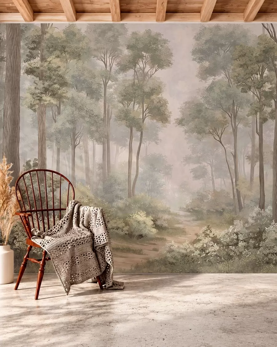 Papier peint Une forêt brumeuse avec un sentier serpentant entre les arbres et les buissons w05889v2