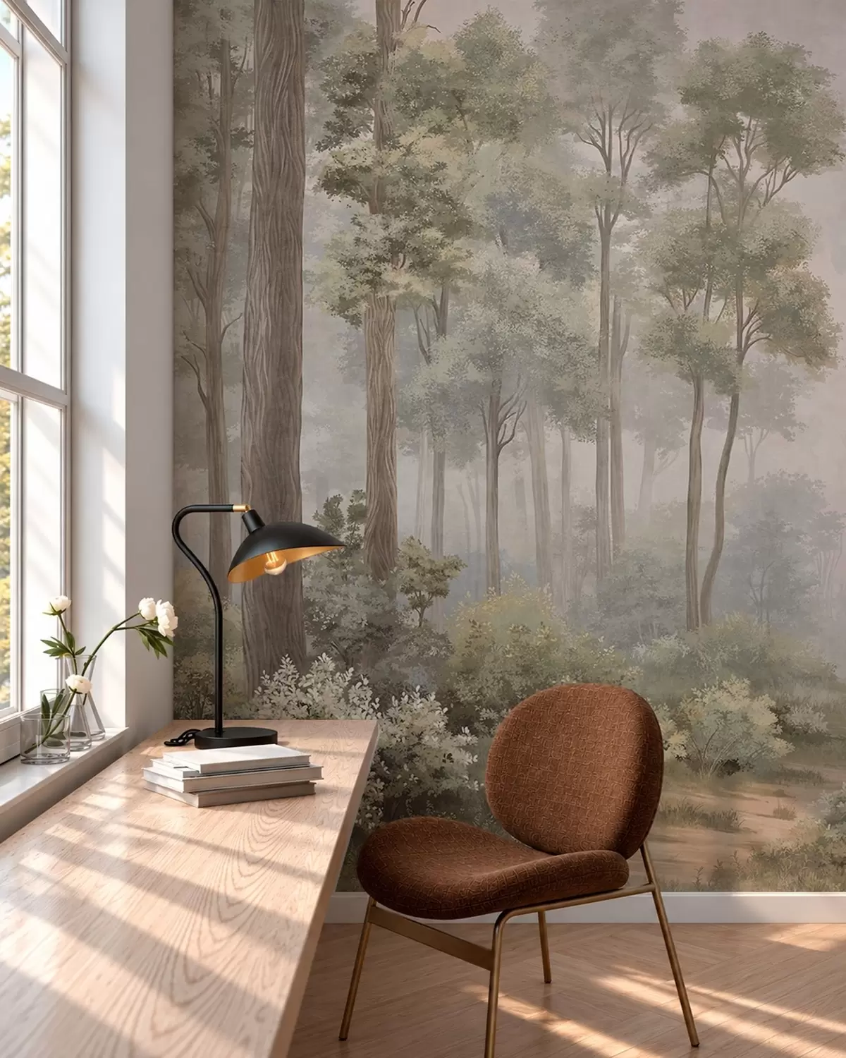 Papier peint Une forêt brumeuse avec un sentier serpentant entre les arbres et les buissons w05889v2