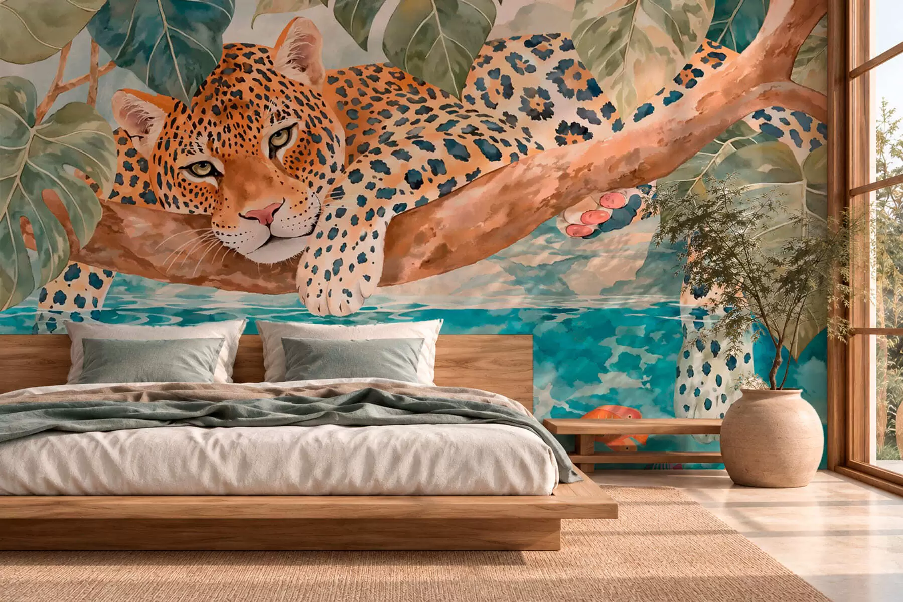 Papier peint Un léopard perché sur une branche au-dessus de l'eau, avec des poissons colorés w05954