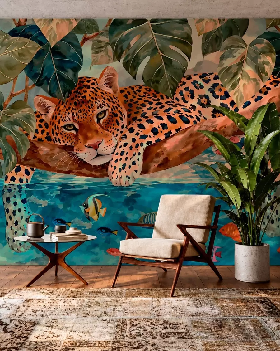 Papier peint Un léopard parmi les feuilles tropicales au-dessus de l'eau, avec des poissons w05954v1