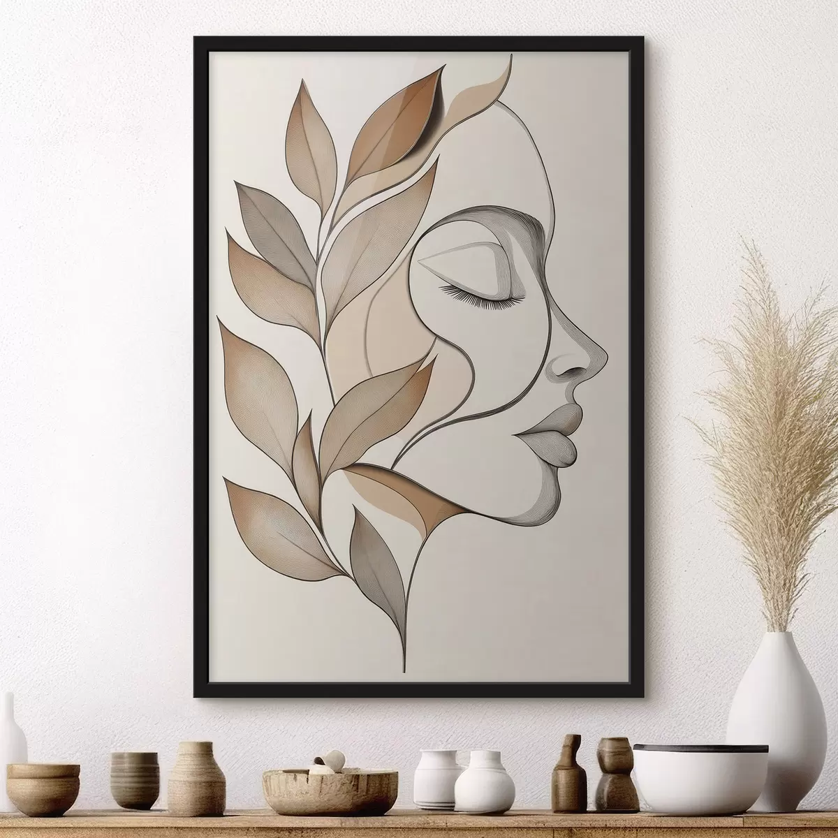 Poster Profil d'une femme avec des feuilles f50997
