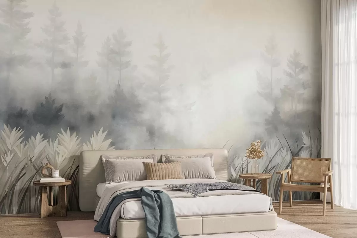 Papier peint Paysage composé de hautes herbes sauvages et d'une forêt de pins, dans un style minimaliste et texturé w10082