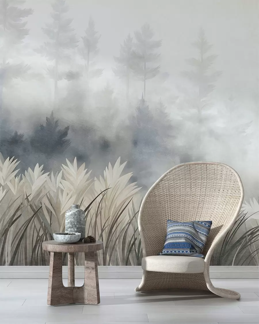 Papier peint Paysage composé de hautes herbes sauvages et d'une forêt de pins, dans un style minimaliste et texturé w10082