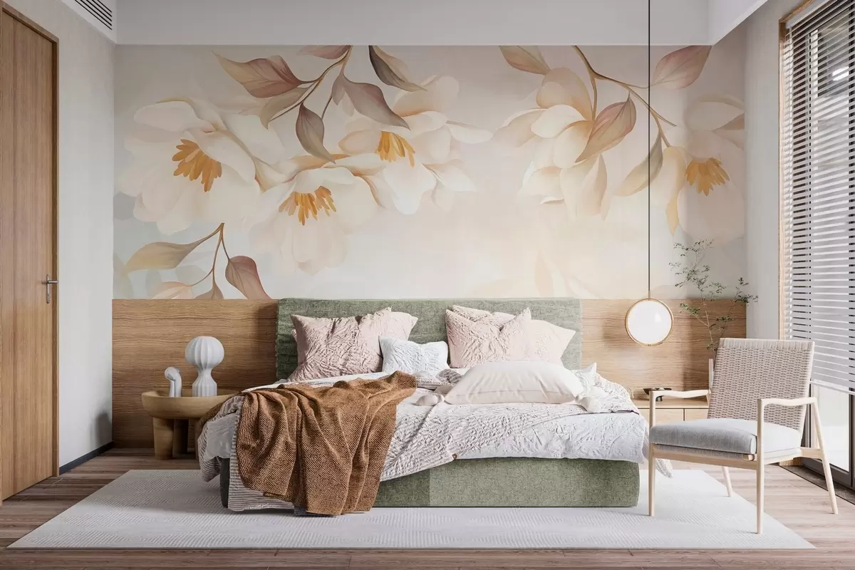 Papier peint Des fleurs de magnolia aux feuilles brunes et délicates qui pendent des branches w10086