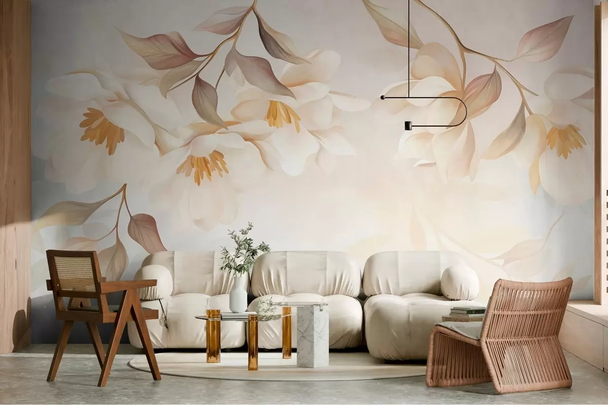 Papier peint Des fleurs de magnolia aux feuilles brunes et délicates qui pendent des branches w10086