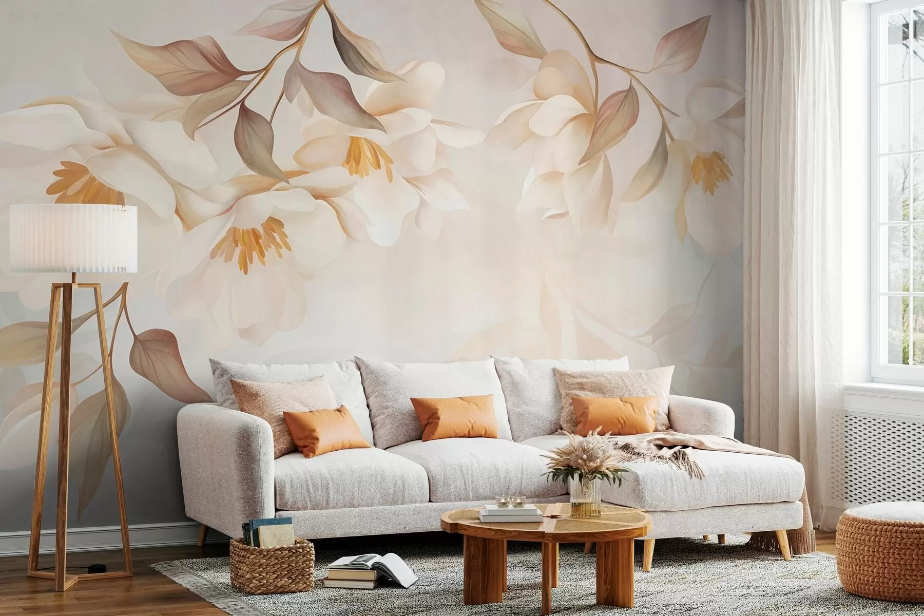 Papier peint Des fleurs de magnolia aux feuilles brunes et délicates qui pendent des branches w10086