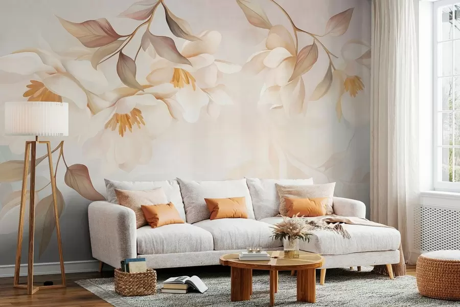 Papier peint Des fleurs de magnolia aux feuilles brunes et délicates qui pendent des branches w10086