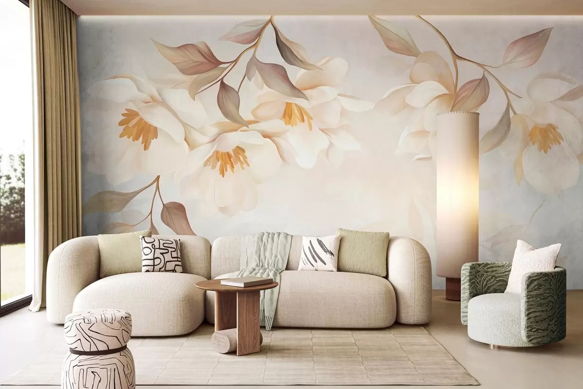 Papier peint Des fleurs de magnolia aux feuilles brunes et délicates qui pendent des branches w10086