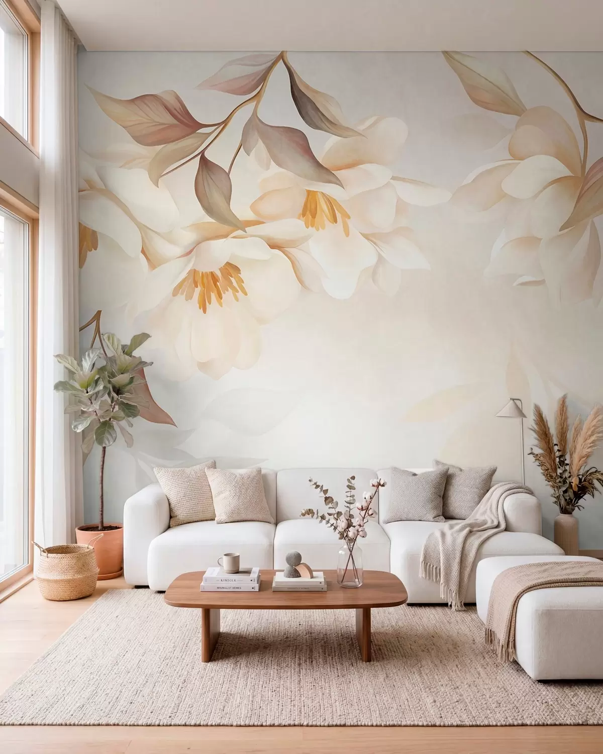 Papier peint Des fleurs de magnolia aux feuilles brunes et délicates qui pendent des branches w10086