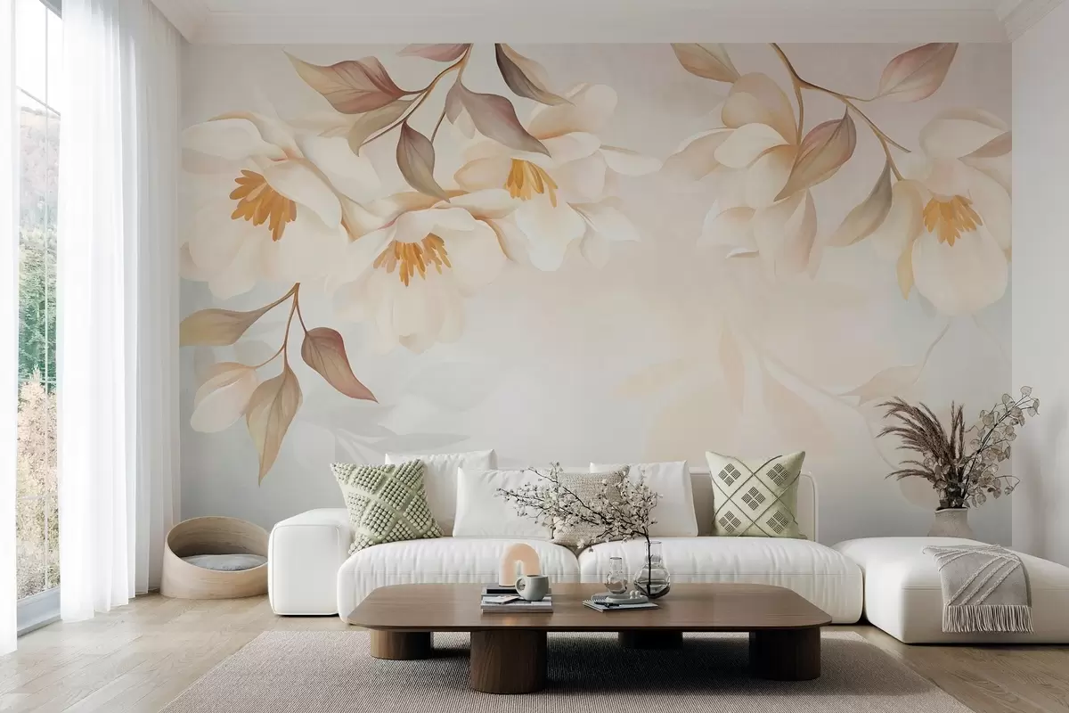 Papier peint Des fleurs de magnolia aux feuilles brunes et délicates qui pendent des branches w10086