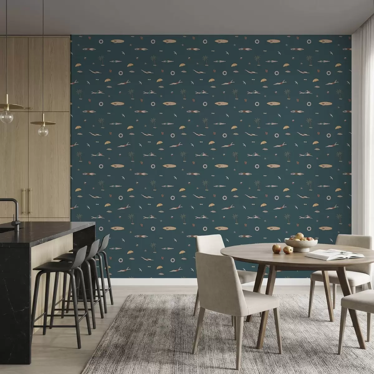 Papier peint Des nageurs, des palmiers et des accessoires de plage sur un fond bleu foncé a01276